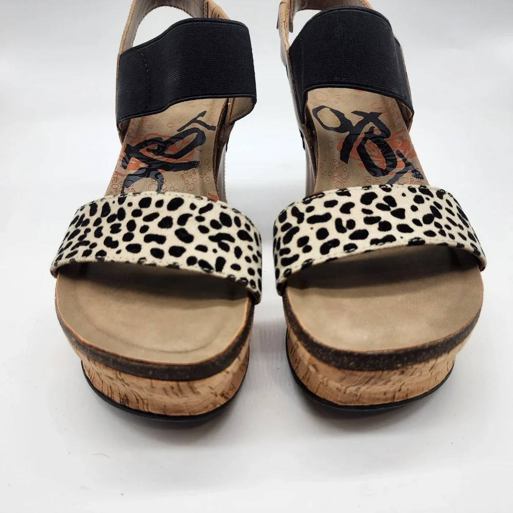 OTBT Bushnell‎ Platform Wedge Sandals Women's 7M Leopard Print Black Tan Cork